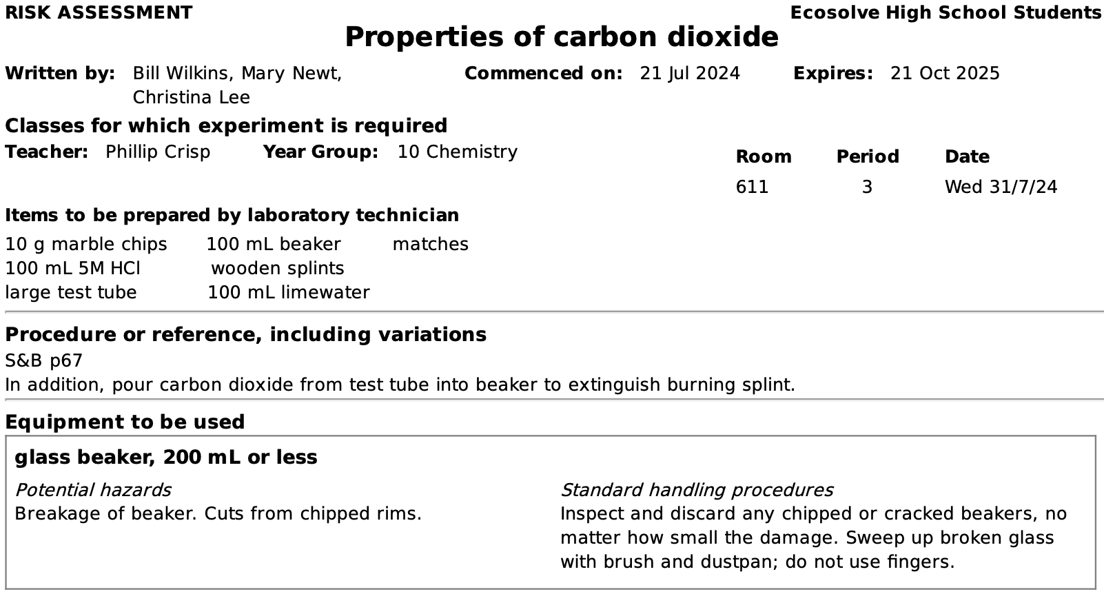 Sample risk assessment